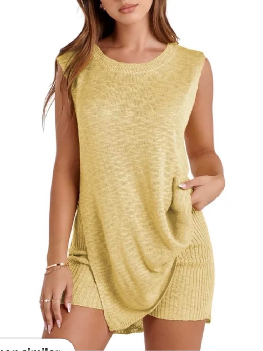 Sleeveless Knit Tank Top Short Set in Light Yellow Medium